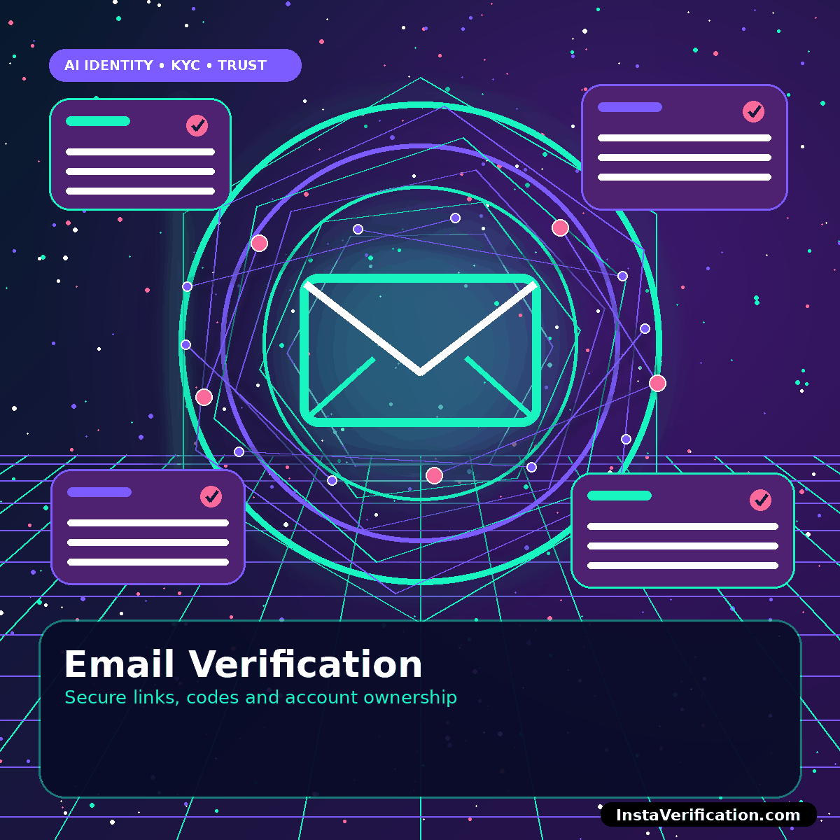 Neon email envelope with verification shield for secure account ownership