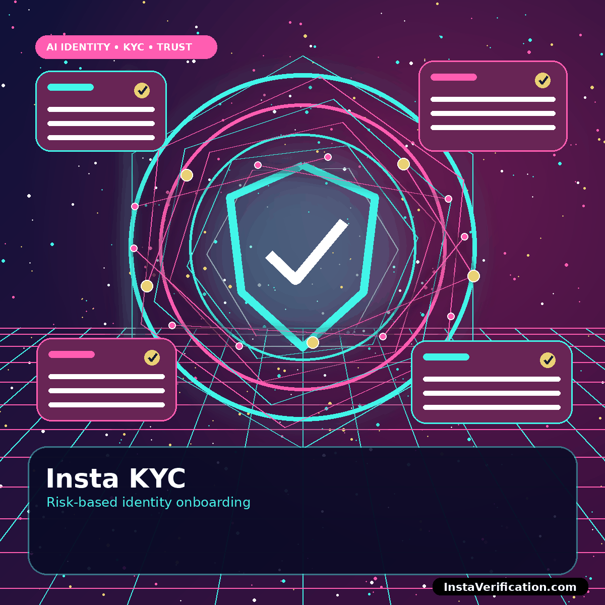 Futuristic KYC identity document and verified shield