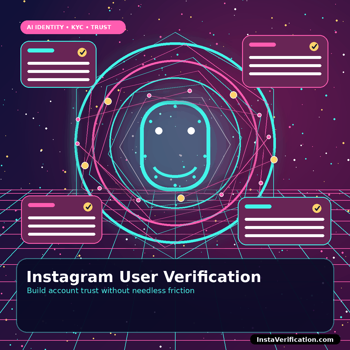 Futuristic social profile card connected to a verified identity shield