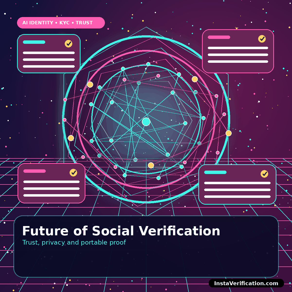 Futuristic social graph with verified user nodes and privacy shield