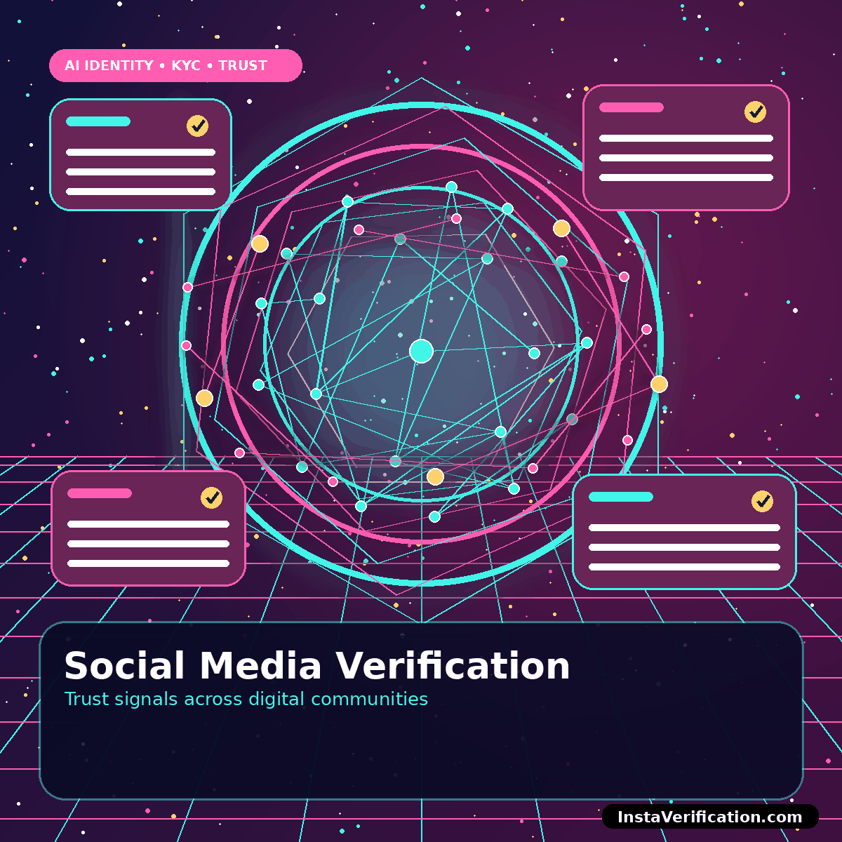 Neon social graph with verified user nodes and trust shield