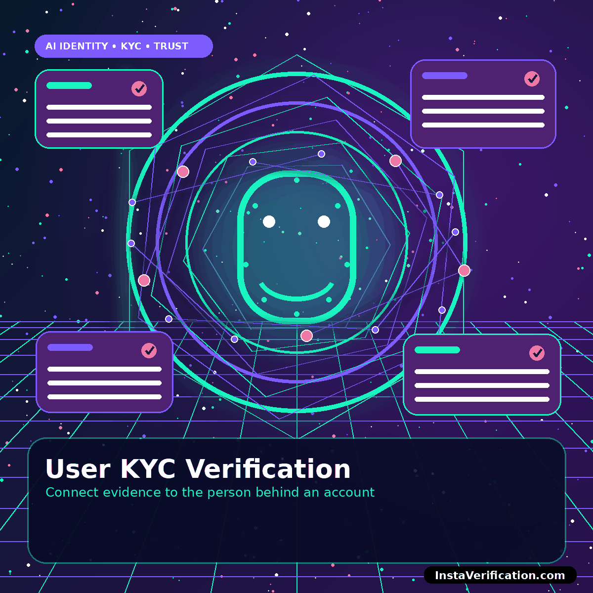 Neon face map and shield illustrating User KYC Verification