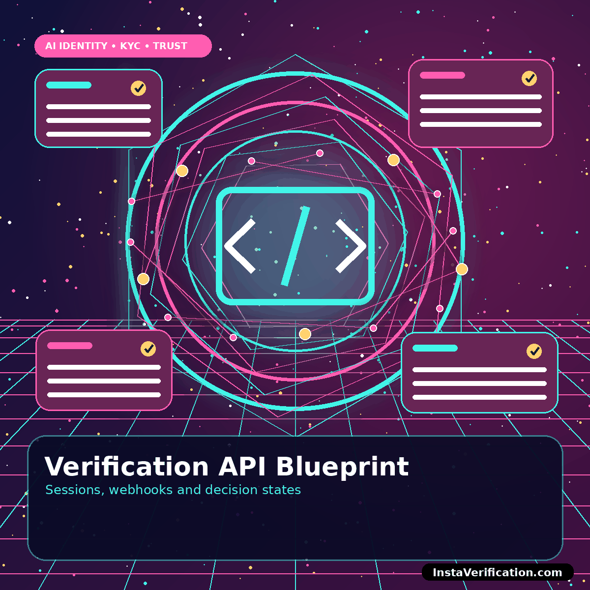 Futuristic code interface and identity shield representing verification API integration