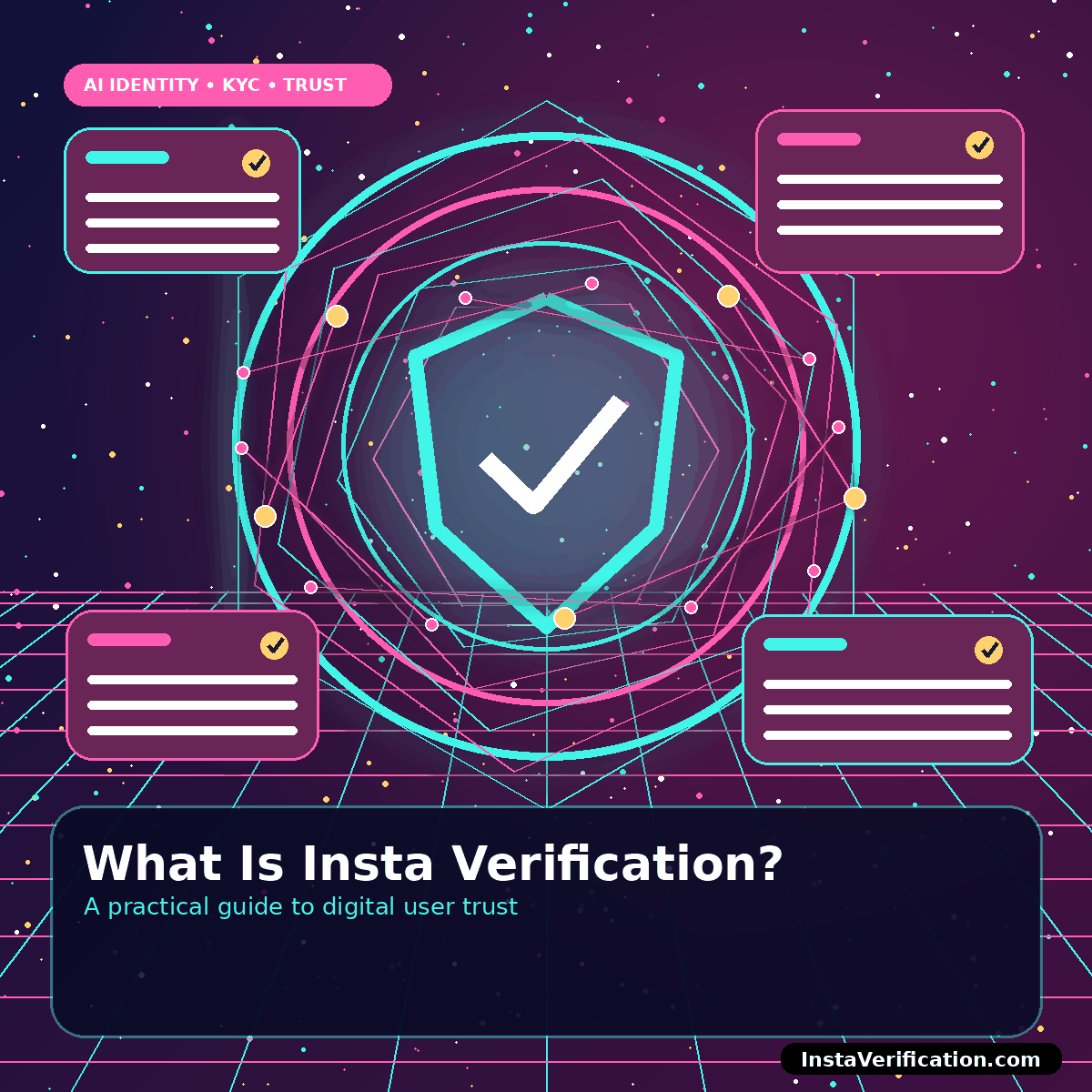 Futuristic shield and identity network illustrating Insta Verification digital trust